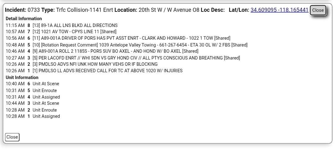 11-79....20th Street West and Avenue O-8....two vehicle collsion....sheriff, CHP, and FD enroute...