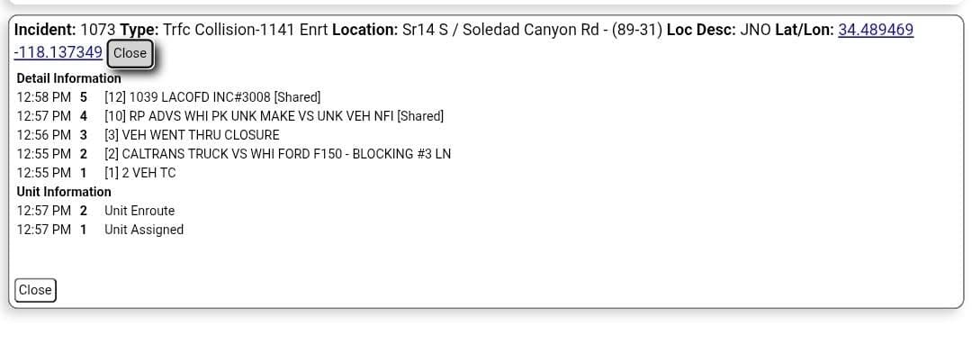 11-79....Southbound 14 at Soledad Canyon....white F-150 vs Cal Trans truck, F-150 drove...