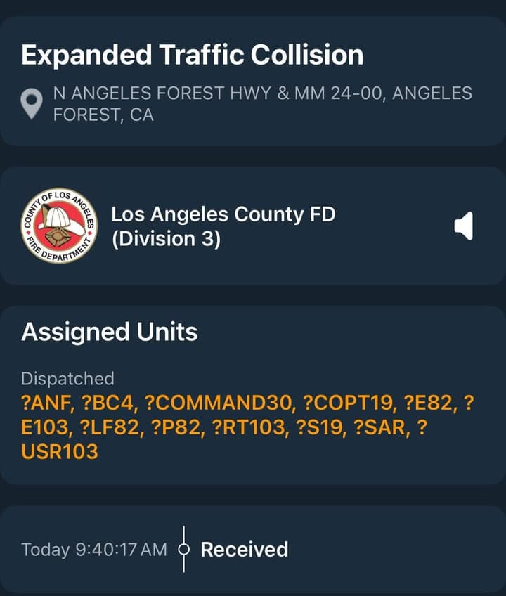 11-79…Angeles Forest Highway at MM 24.00…vehicle over the side…CHP and FD enroute...