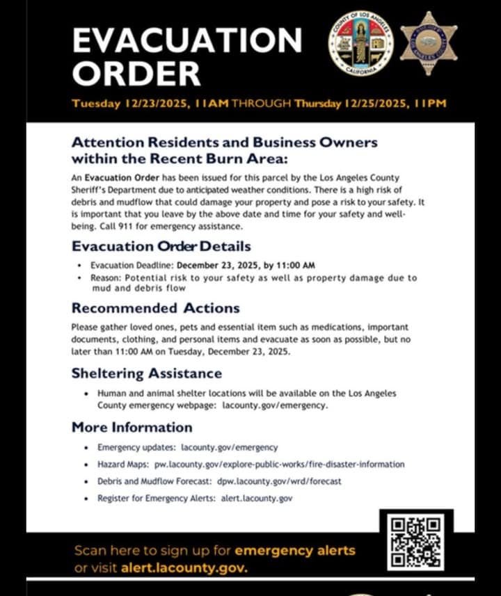 LA County has issued an Evacuation Order for the areas in and...