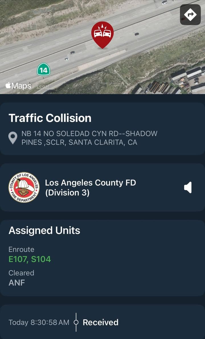 11-79…NB14 north of Soledad Canyon Rd…solo vehicle traffic collision…white pick up truck...
