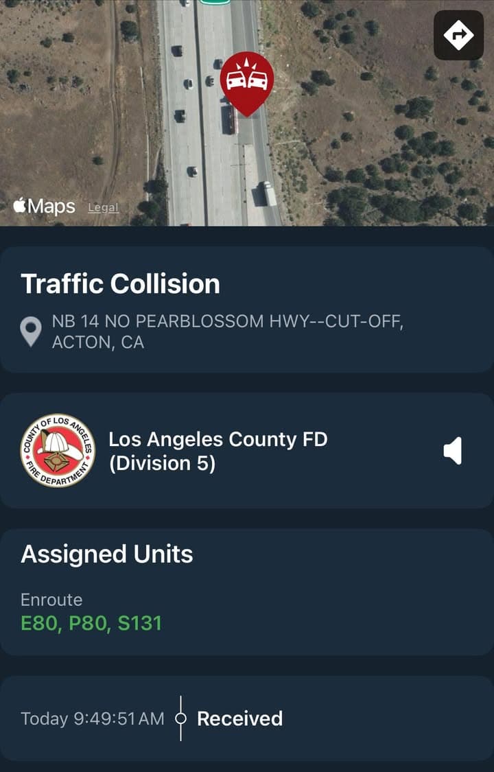 11-79…NB14 at Pearblossom Highway…white Tesla spun out and blocking slow lane…brown Nissan...