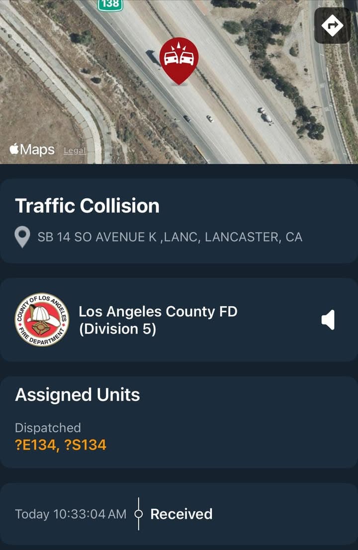 11-79…SB14 at Avenue K…solo vehicle TC…white Tesla vs center median…CHP and FD...