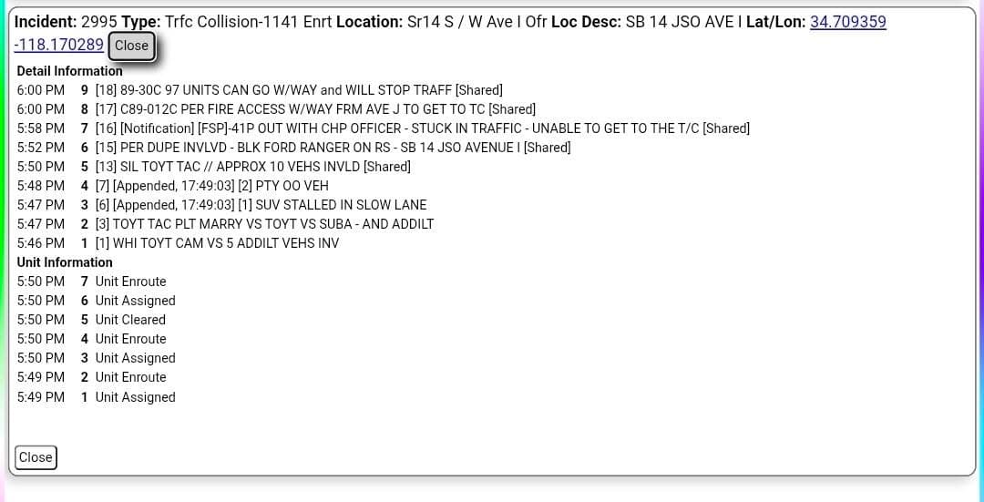 11-79....Southbound 14 at Avenue I .....5 vehicle collsion, all lanes blocked....CHP and...