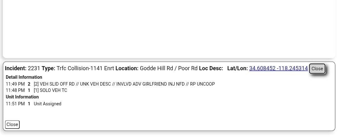 11-79....Godde Hill Road and Poor Road....solo vehicle collsion, vehicle slid off of...