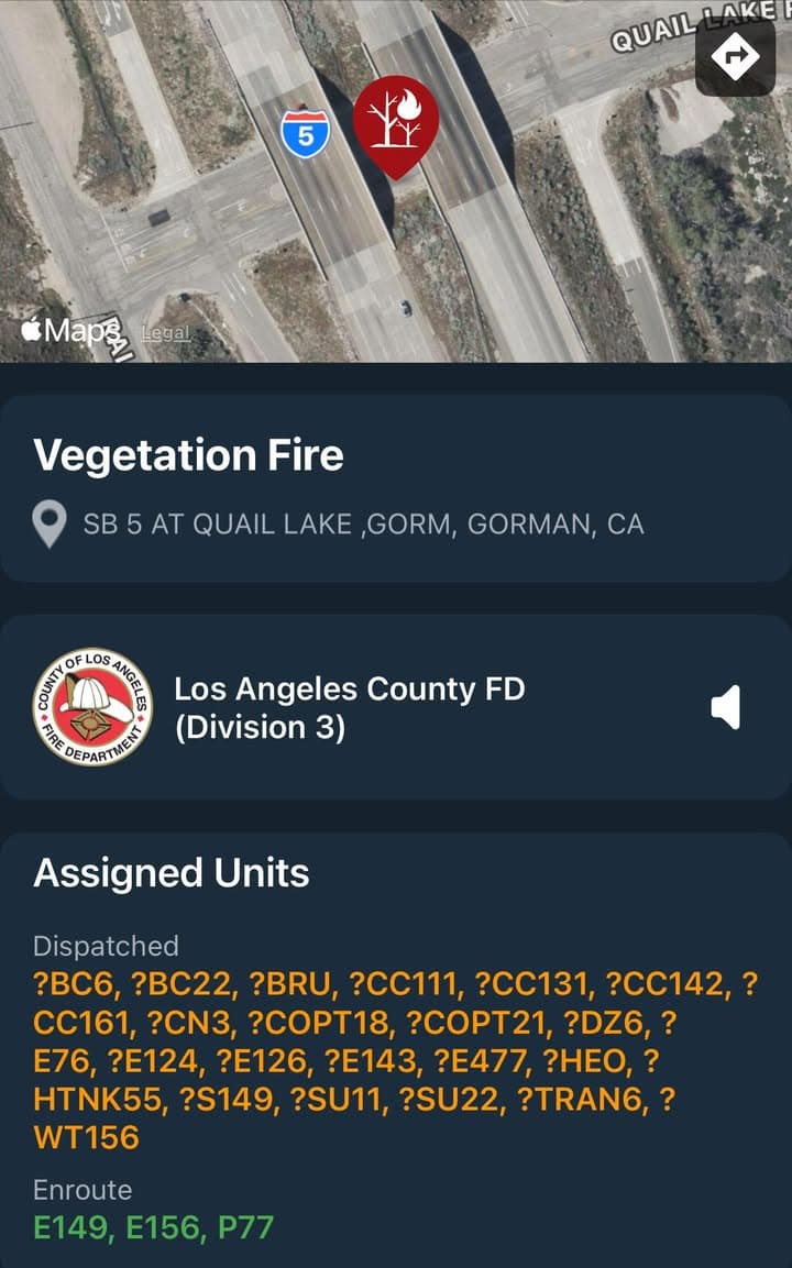904B…I-5 and Quail Lake Rd…reported brush fire…FD enroute code 3 UPDATE: E477...