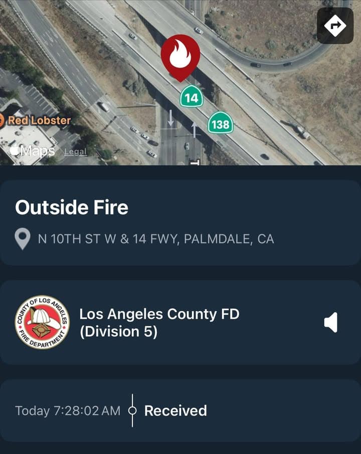 Fire…Highway 14 and 10th Street West…CHP and FD enroute code 3 UPDATE:...