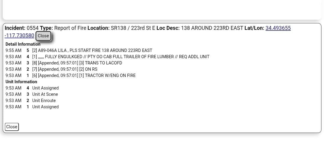 CHP Officer requesting the fire department to Highway 138 and 223rd Street...