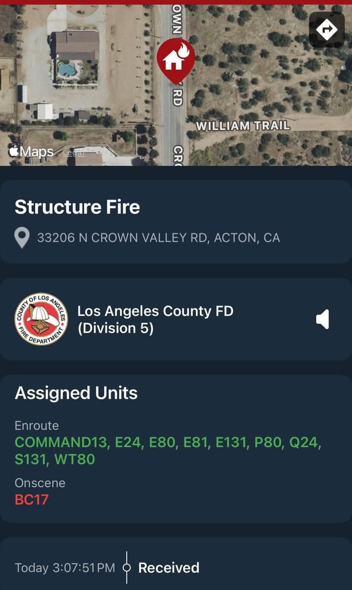 904S…33206 Crown Valley Rd…caller states vehicle exploded with fire spreading to house…Sheriff...