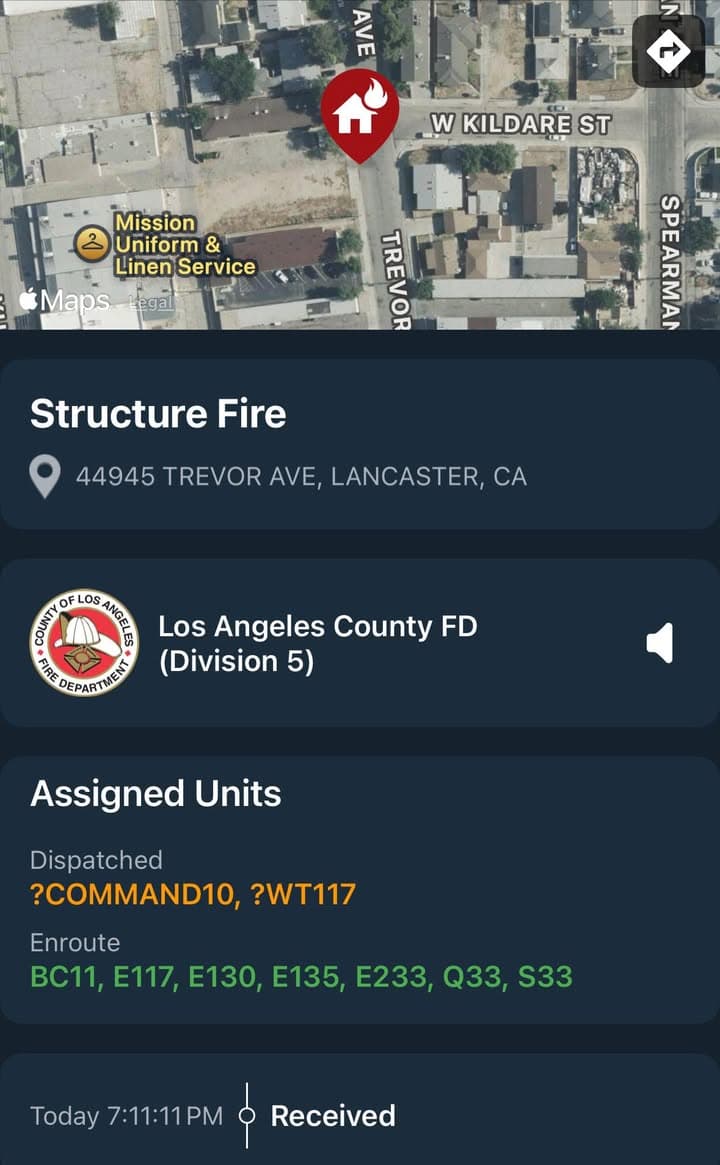 904S…44945 Trevor Avenue…structure fire…vacant building on fire…Sheriff and FD enroute code 3...