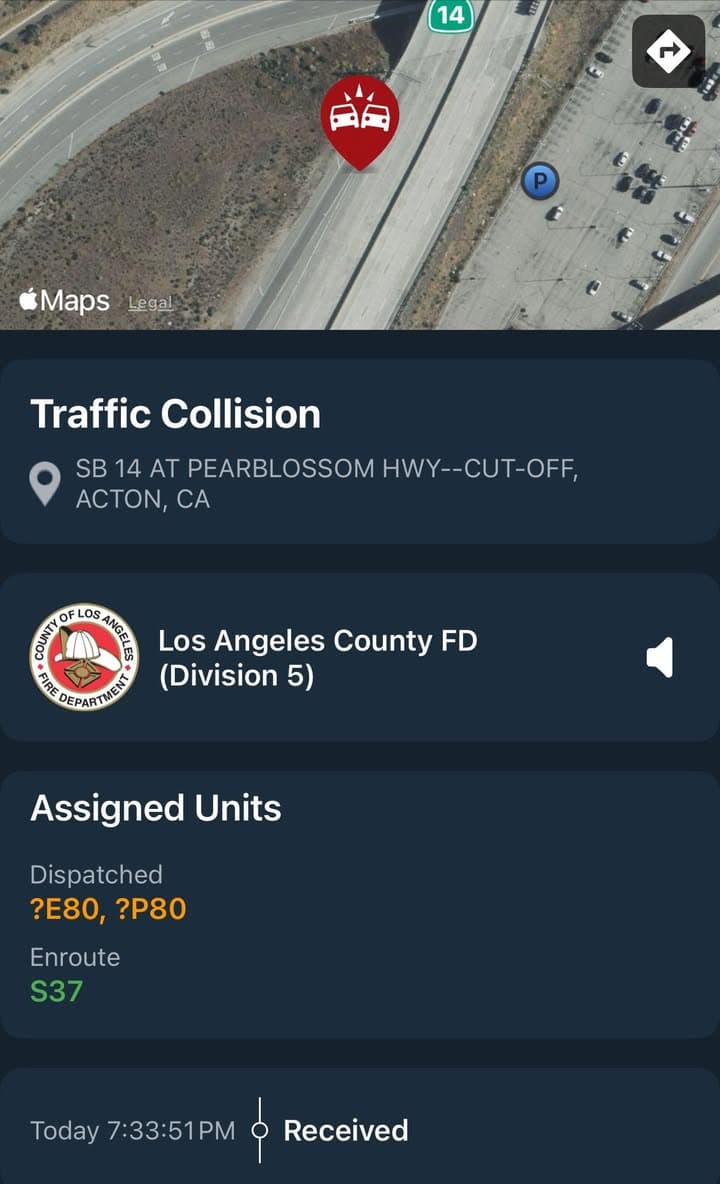 11-83…SB14 at Santiago Rd…solo vehicle traffic collision…silver sedan vs embankment, unknown if...