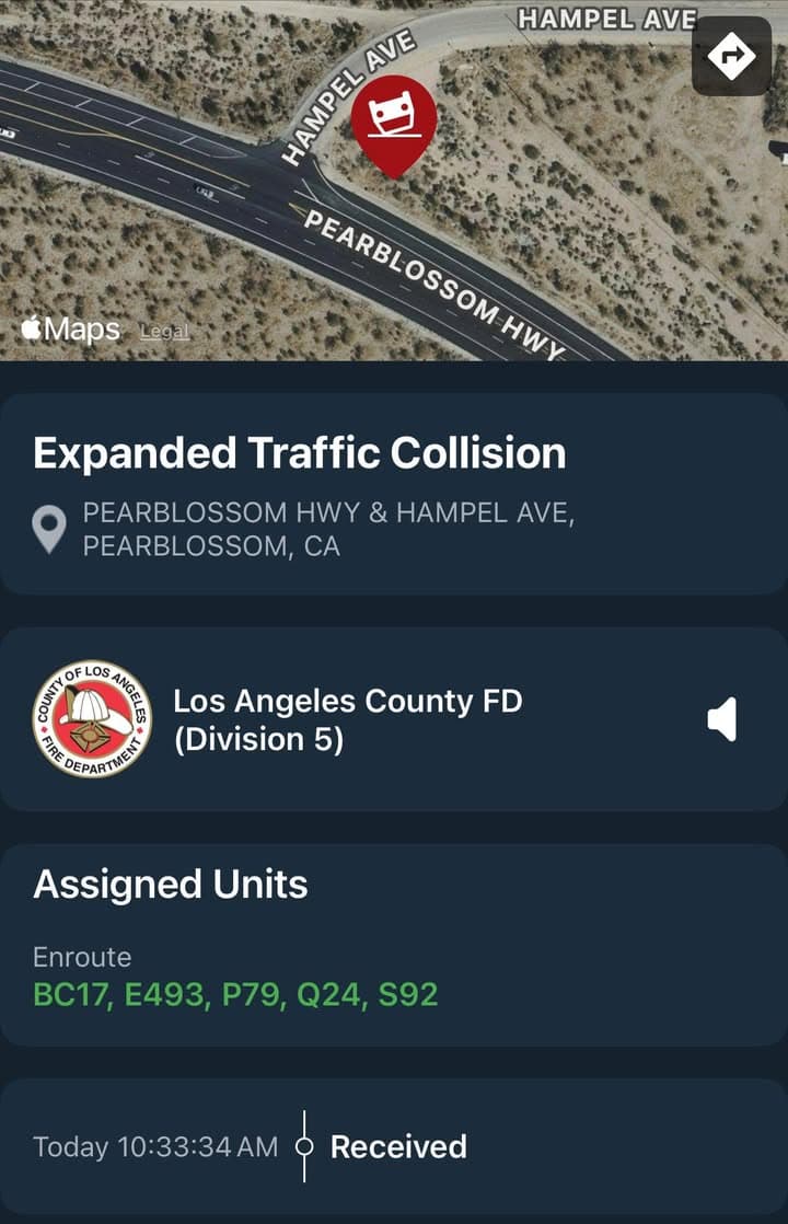 902T/902R/914C…Pearblossom Highway and Hampel Rd…traffic collision with possible entrapment…Sheriff, CHP and FD...