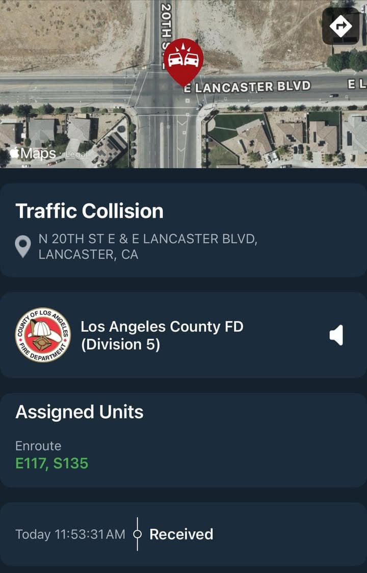 902T/902R…20th Street East and Lancaster Blvd…2 vehicle head on collision…one person still...