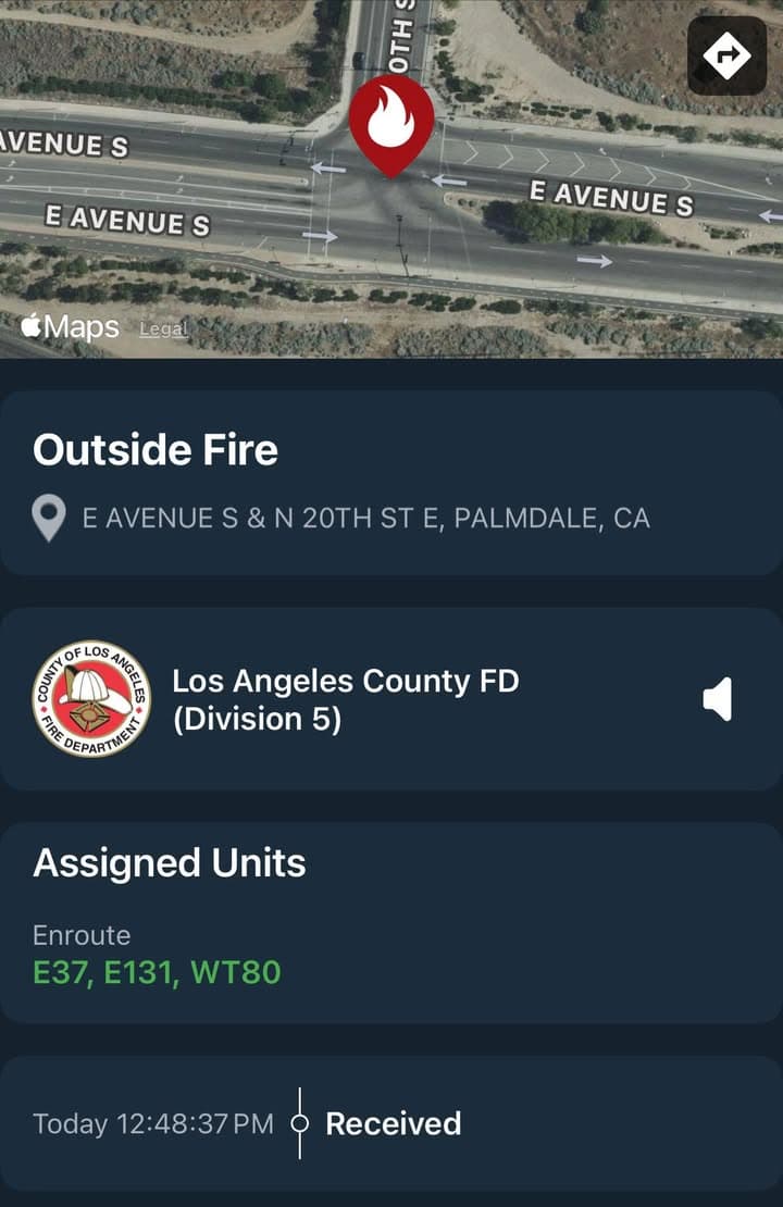 904B…20th Street East and Avenue S…reported vegetation fire…Sheriff and FD enroute code...