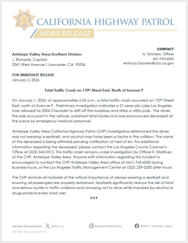 Fatal Traffic Crash on 170th Street East, North of Avenue P On...