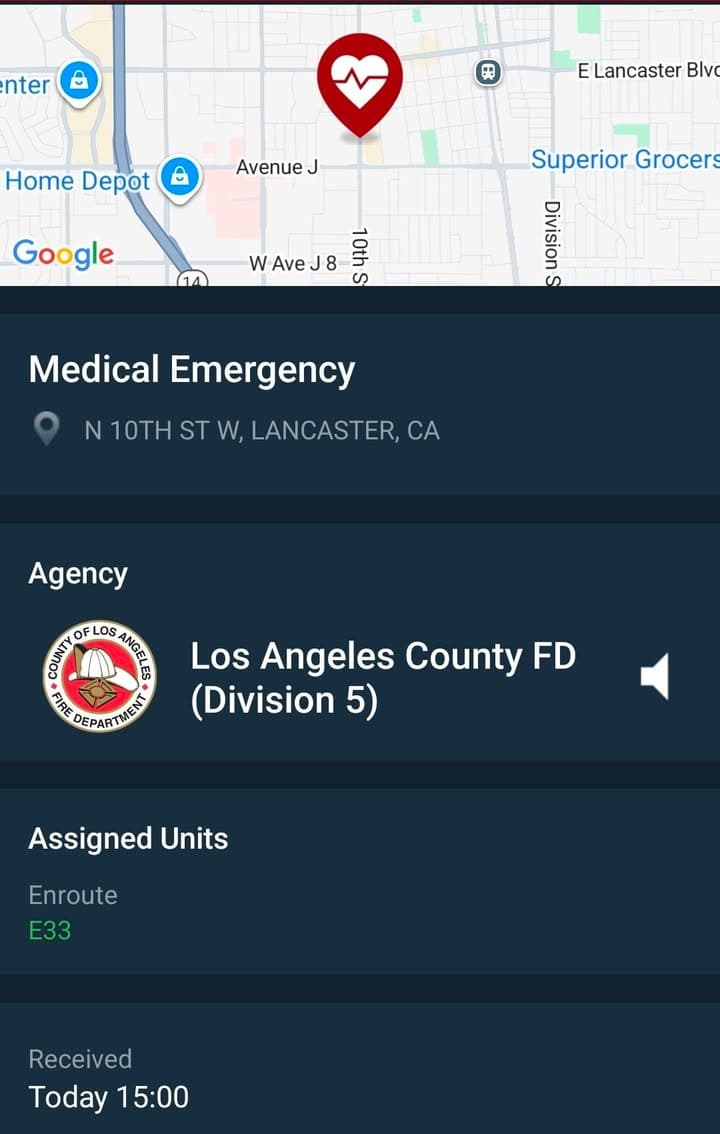 902R....10th Street West and Avenue J at Tarzana....male 70 unresponsive, narcan administered....sheriff...
