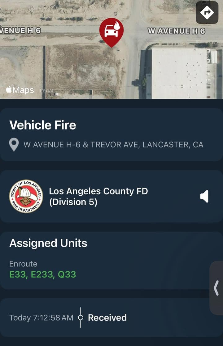904A…Trevor Avenue and W. Avenue H6…large vehicle fire…Sheriff and FD enroute code...