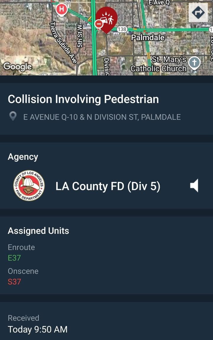 902T/902R....Division Street and Avenue Q-10....vehicle vs pedestrian.....sheriff and FD enroute code 3...