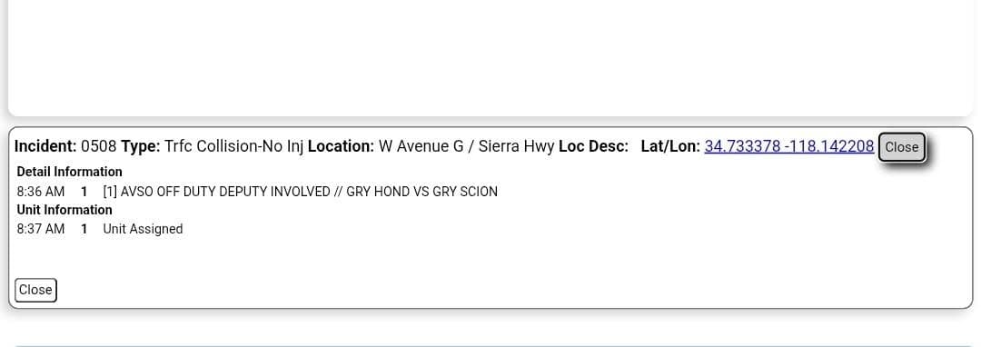 11-82....Sierra Highway and Avenue G....two vehicle collision, gray Honda vs gray Scion,...