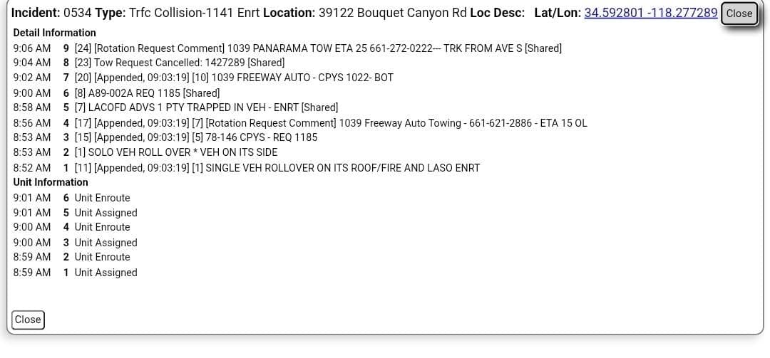 11-79.....39122 Bouquet Canyon Road....solo vehicle rollover....sheriff, CHP, and FD enroute code 3...