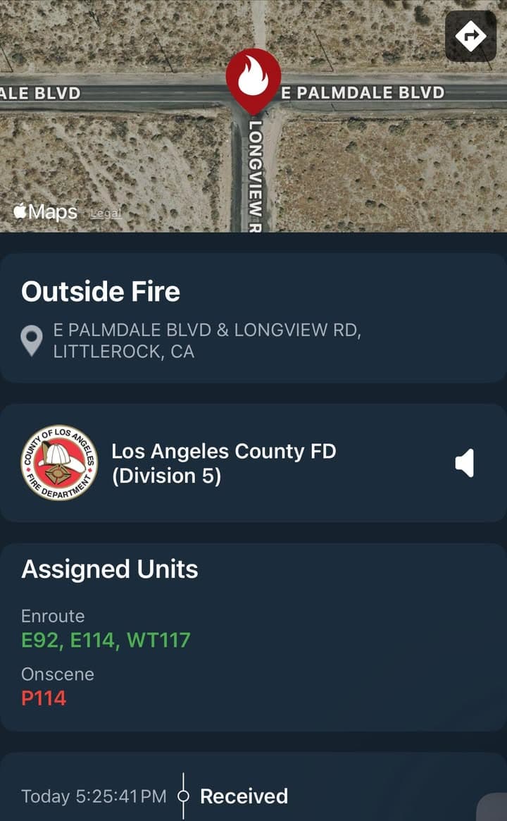 904…Palmdale Blvd and Longview Rd…reported outdoor fire…FD enroute code 3 UPDATE: E92...
