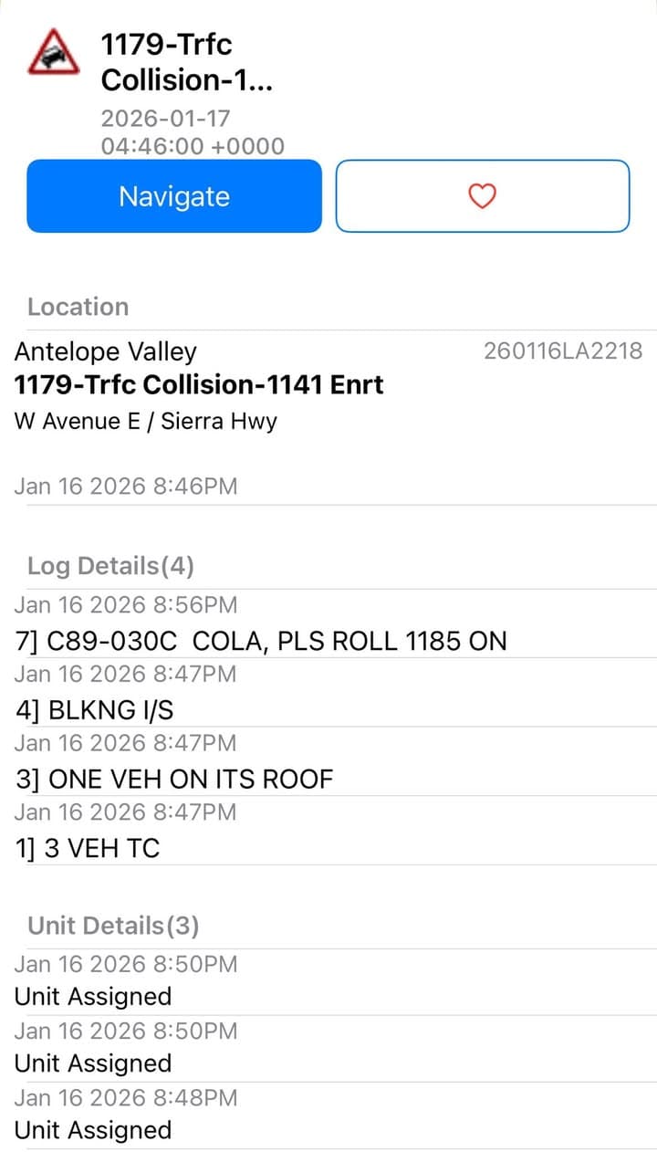 11-79…Sierra Highway and Avenue E…3 vehicle traffic collision…one vehicle on its roof…CHP...