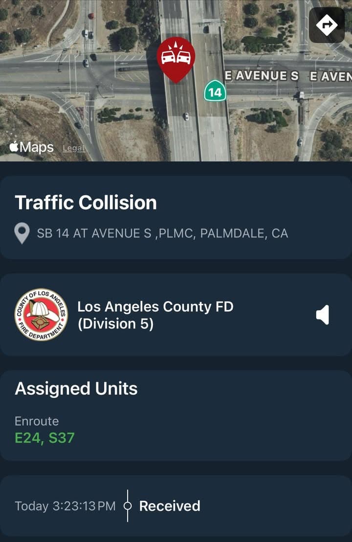 11-79…SB14 at Avenue S…solo vehicle traffic collision…motorcycle down…CHP and FD enroute code...