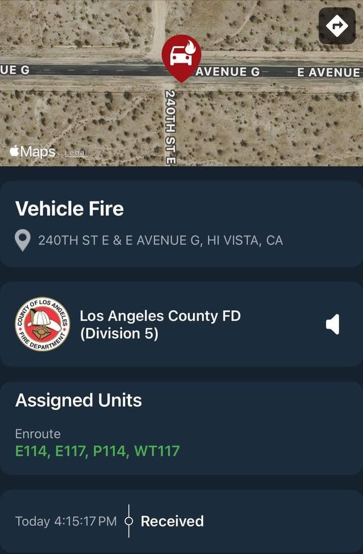 904…240th Street East and Avenue G…large vehicle fire…CHP and FD enroute code...