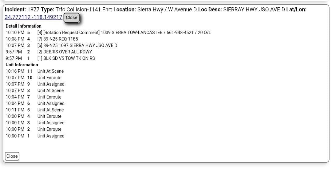 11-79.....Sierra Highway and Avenue D....black sedan vs tow truck, debris all over...