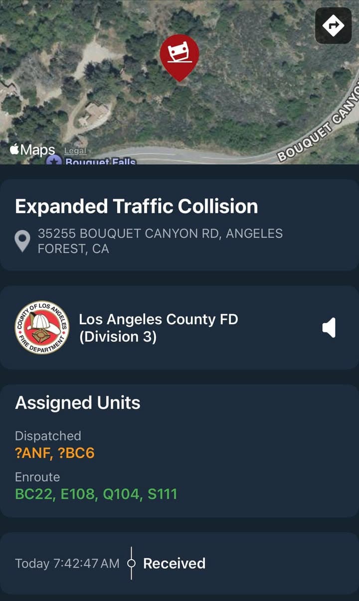 11-79…35255 Bouquet Canyon Rd…solo vehicle traffic collision…white Honda overturned and on its...