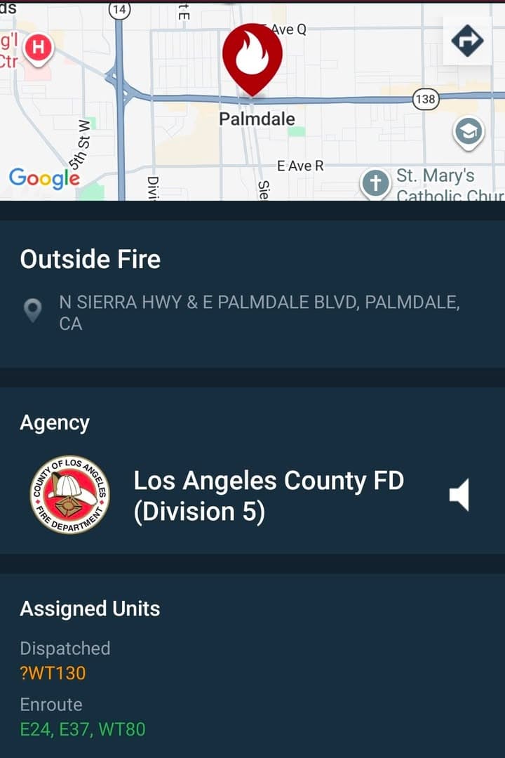 904....Sierra Highway and Palmdale Boulevard....small fire near railroad tracks....sheriff and FD enroute...