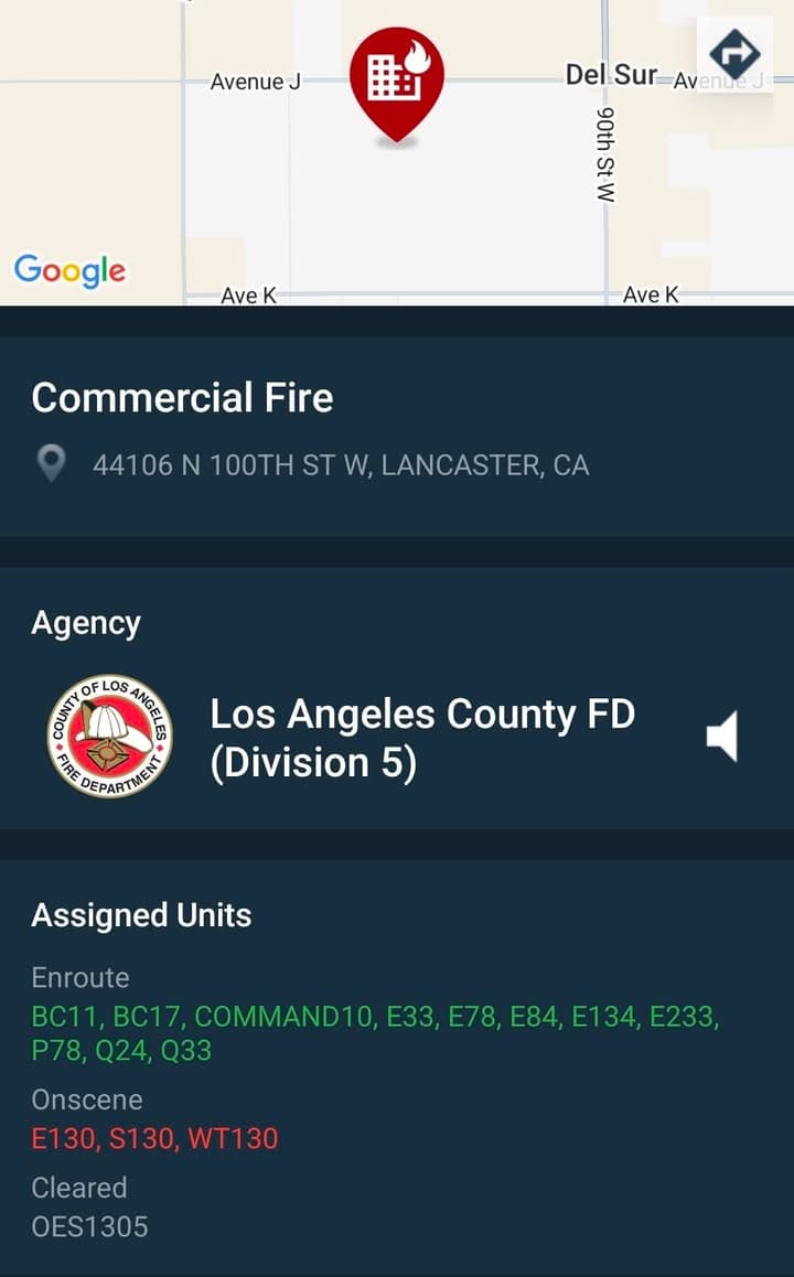 Commercial Fire....100th Street West and Avenue J.....solar battery storage fire....FD enroute code...