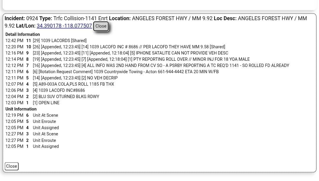 11-79....Angeles Forest near Pacifico Mountain....blue SUV overturned, blocking roadway....CHP and FD enroute...