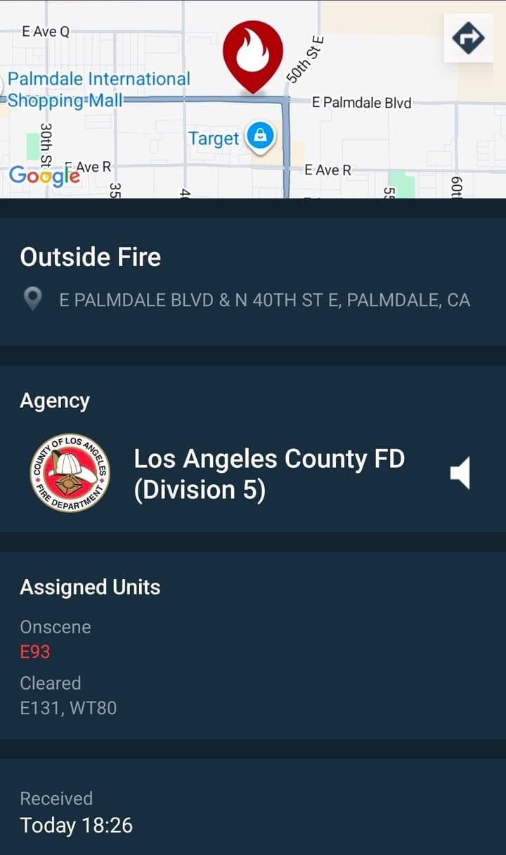 904B....40th Street East and Palmdale Boulevard....brush fire in field....sheriff and FD enroute...
