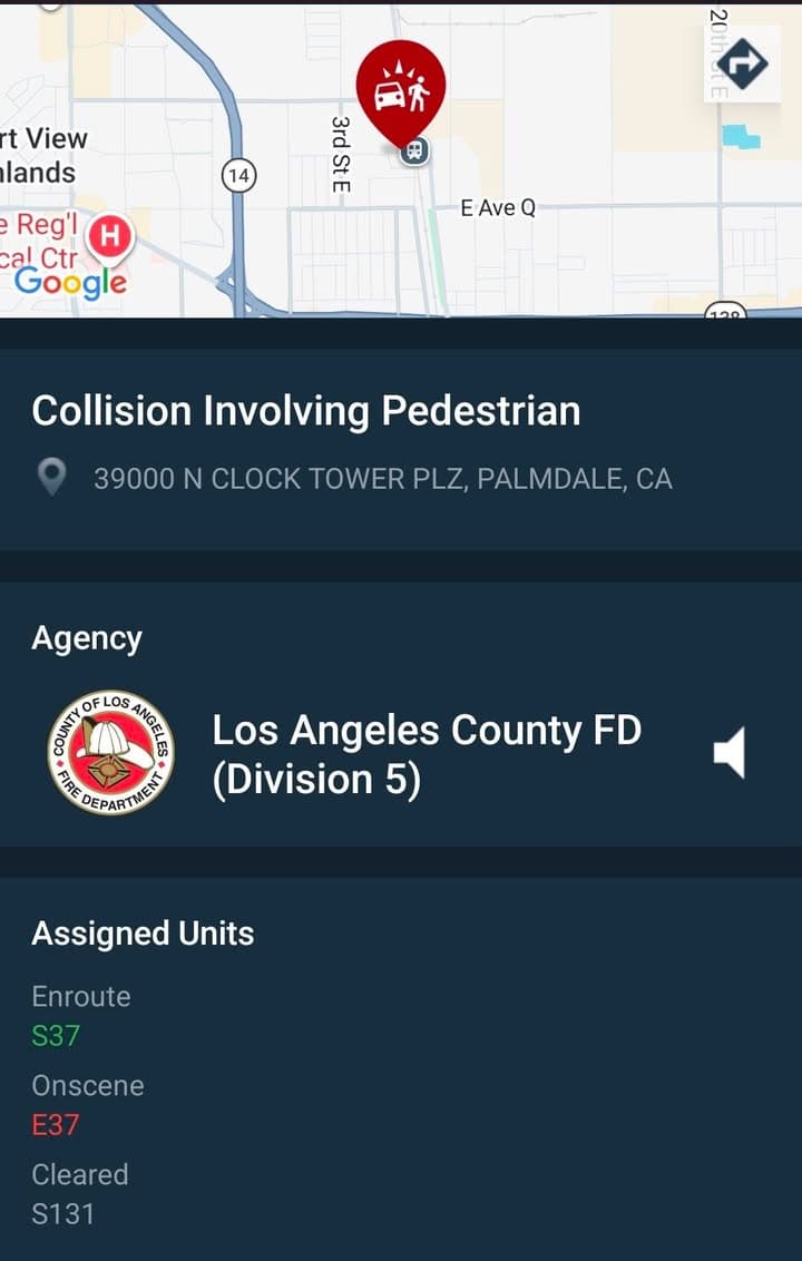 902T/902R....38000 Clock Tower at Metrolink....vehicle vs pedestrian.....sheriff and FD enroute code 3...