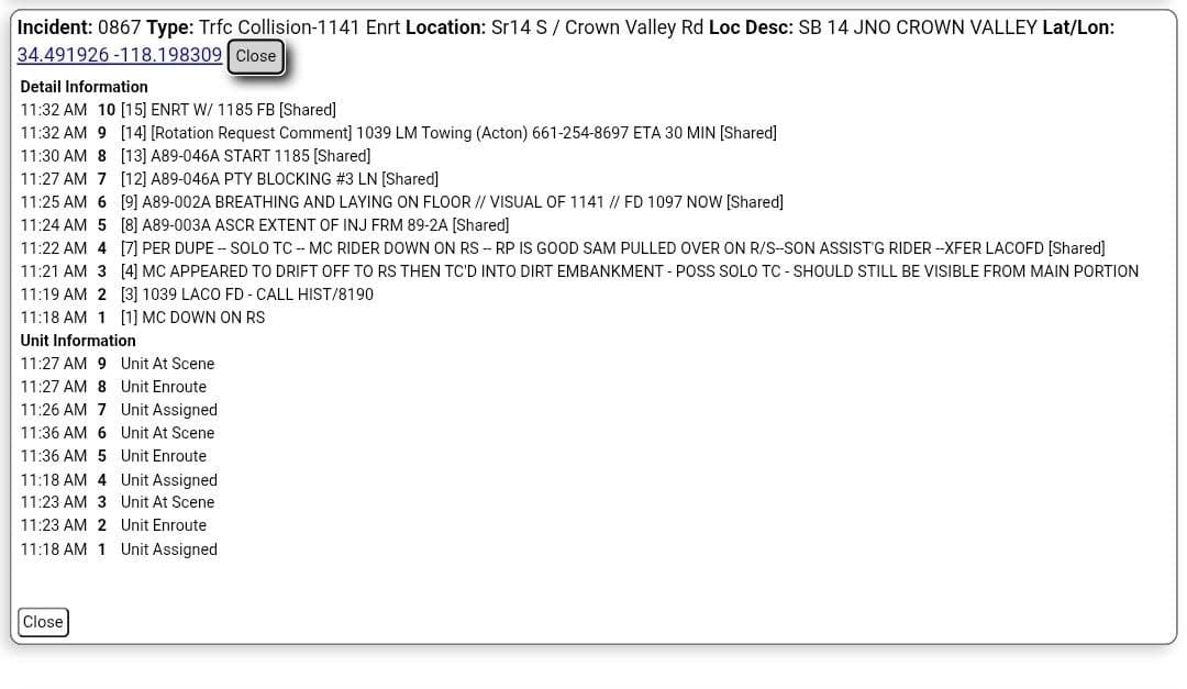 11-79....Southbound 14 at Crown Valley....solo motorcycle collsion, rider appeared to drift off...