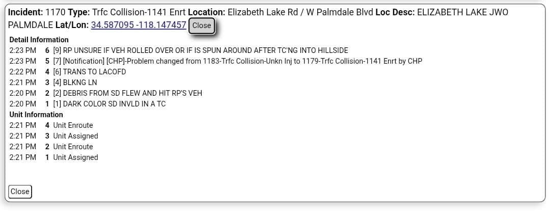 11-79....Palmdale Blvd and Elizabeth Lake Road (just west of Palmdale Blvd)....solo vehicle...