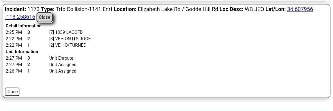 11-79....Elizabeth Lake Road and Godde Hill Road....vehicle overturned on its roof....CHP and...