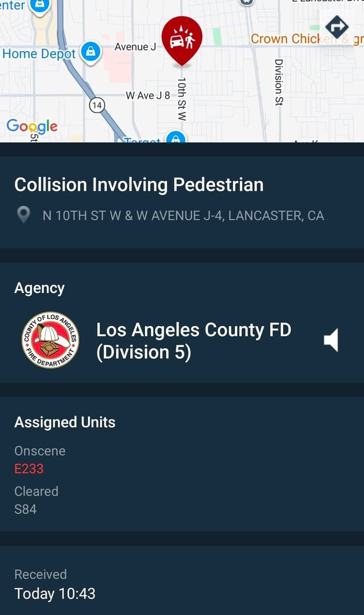 902T/902R....10th Street West and Avenue J-4....vehicle vs pedestrian....sheriff and FD enroute code...