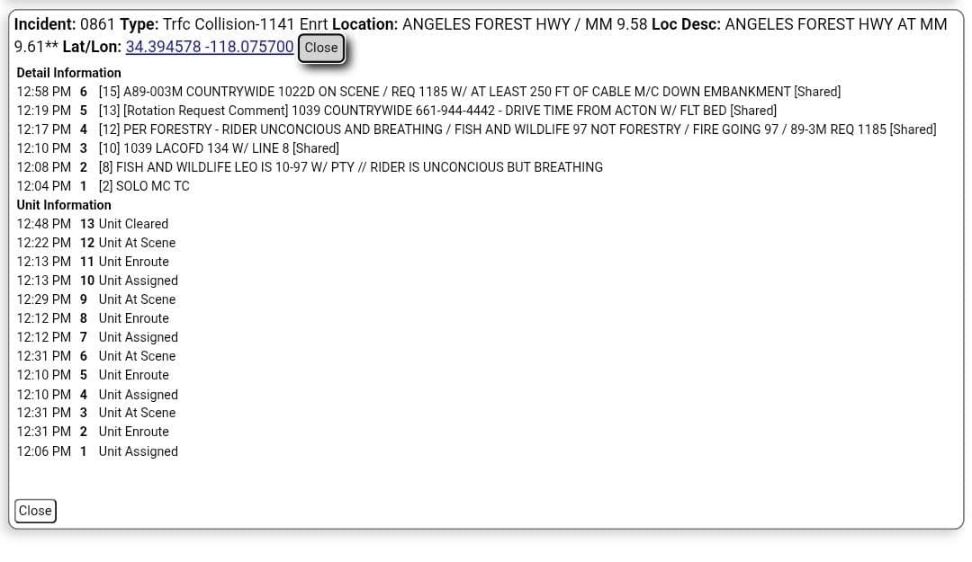 11-79....Angeles Forest at Mile Marker 9.58....solo motorcycle collsion, approximately 250' feet over...