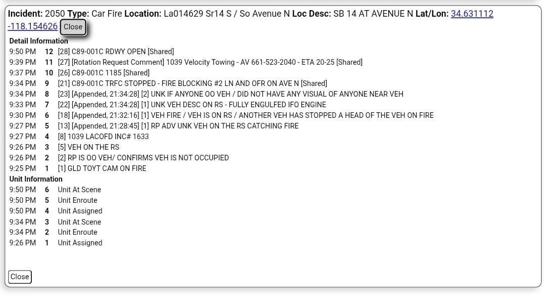 Car Fire....Southbound 14 at Avenue N....older Toyota Camry on fire....CHP and FD...