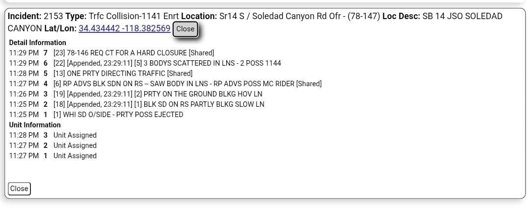 11-79....Southbound 14 Freeway between Agua Dulce and Soledad Canyon (2000' level)....white sedan...