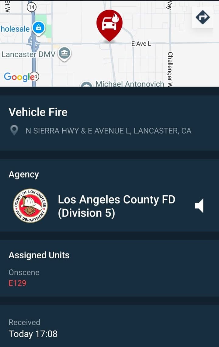 904A....Sierra Highway and Avenue L-8....vehicle on fire....sheriff and FD enroute code 3...