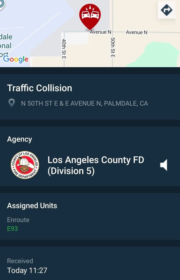 11-79....50th Street East and Avenue N....two vehicle collsion....CHP and FD enroute code...
