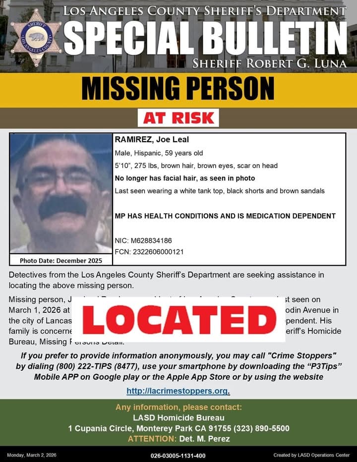 Los Angeles County Sheriff's Department Missing Persons Unit is advising Joe Leal...