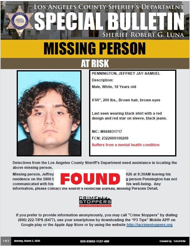 *UPDATE* *FOUND* #LASD At-Risk Missing Person, Jeffrey Jay-Samuel Pennington Has Been Found...