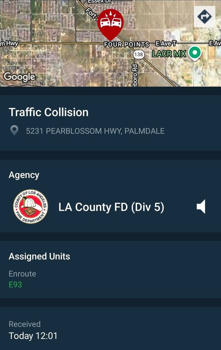 902T/902R....5231 East Pearblossom Highway....two vehicle collision near Pilot....sheriff and FD enroute code...