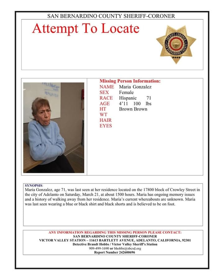 Missing Adult: Maria Gonzalez, age 71, 4’11”, 100lbs, brown hair, brown eyes,...