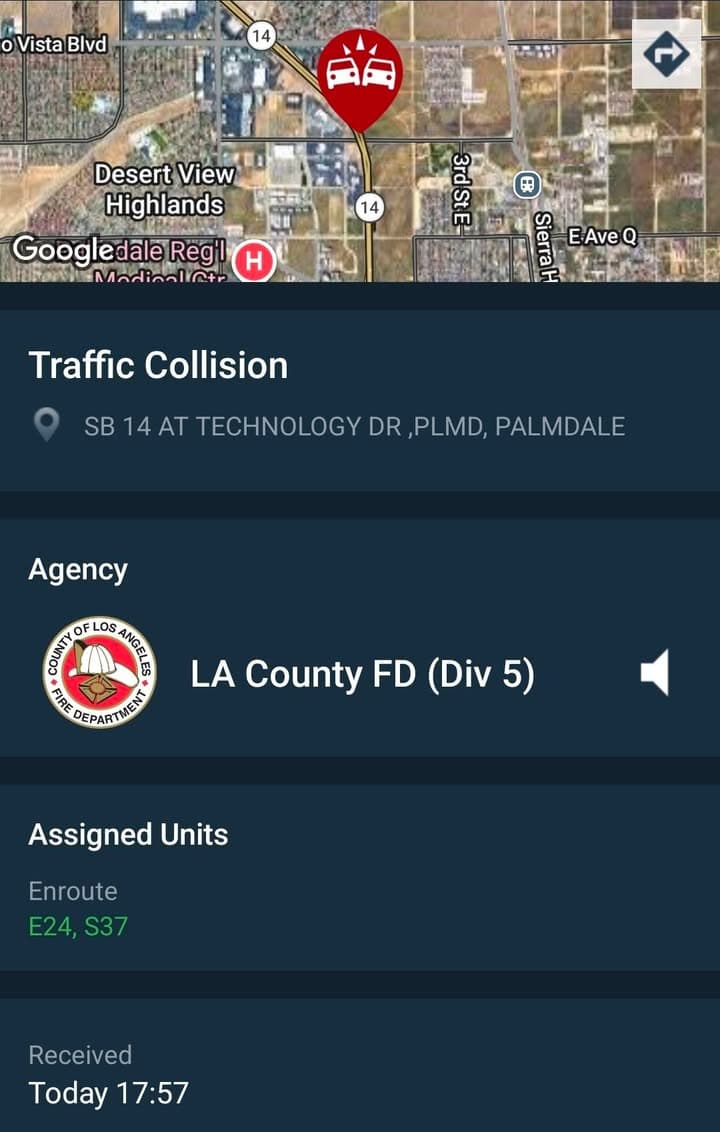 CHP has a visual of a collision southbound 14 at Technology Drive...advises...