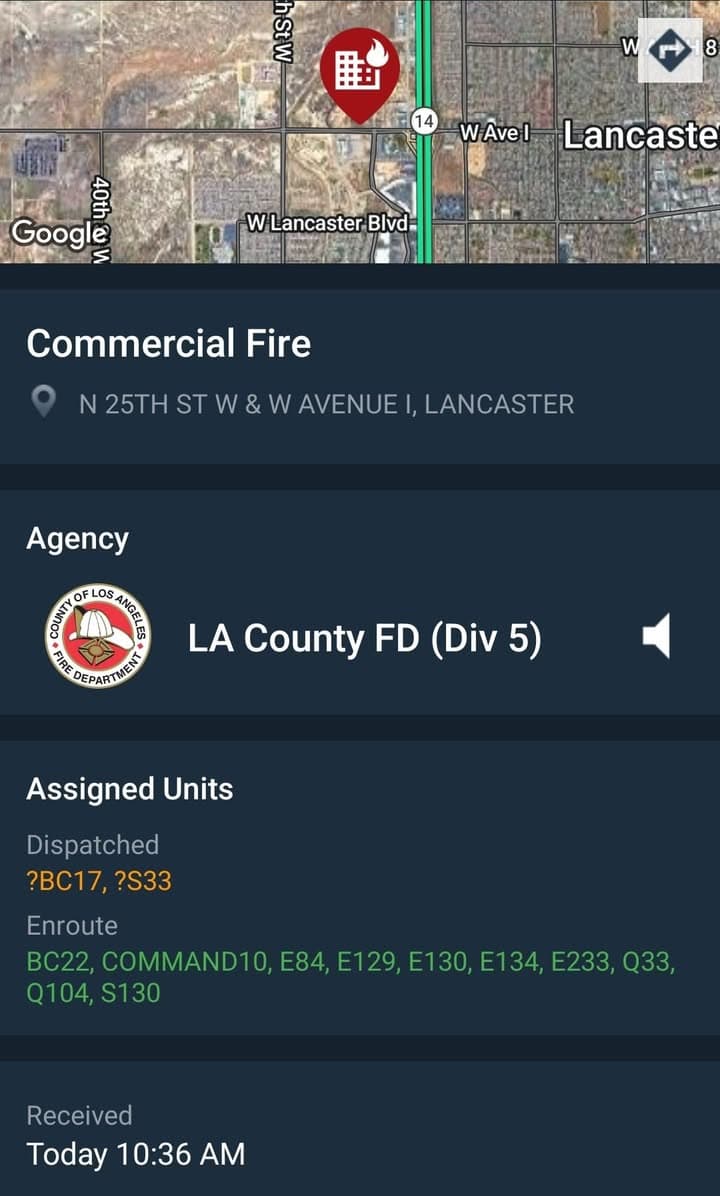 Reported Commercial Fire....Avenue I and 25th Street West....FD enroute code 3